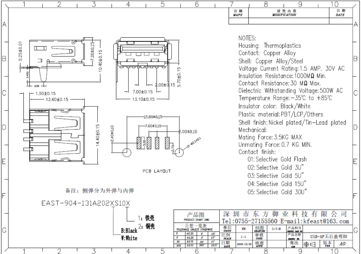 USB 2.0 AF無后蓋直腳有邊內(nèi)彈鐵殼T型SMT