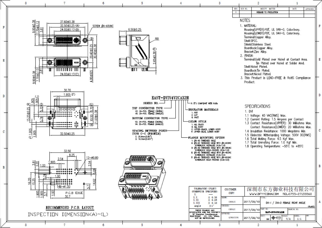 EAST-DVIV4V2CAX2R 雙層DVI24+5上+24+1下 H20.40mm全包屏蔽外殼